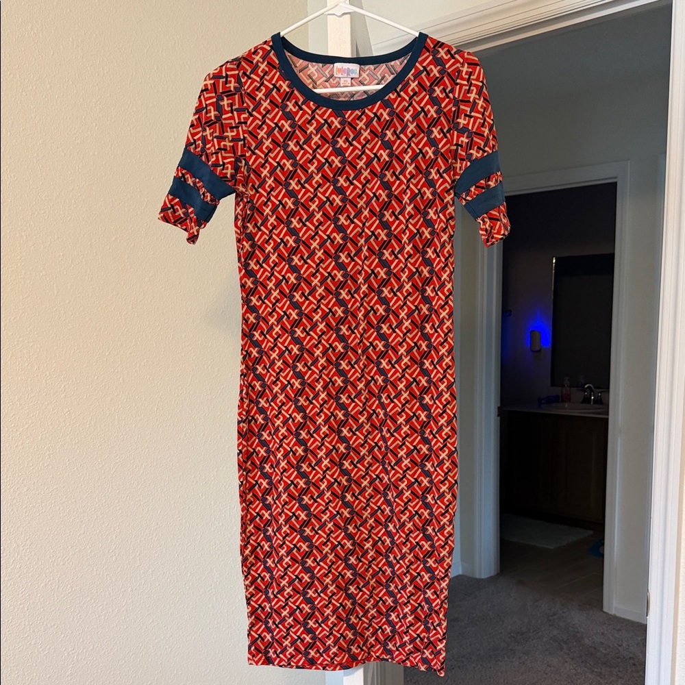 LuLaRoe Red and Navy Geometric Midi Dress
